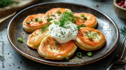 A rustic plate of blinchiki with salmon and a generous dollop of sour cream, garnished with dill and green onions. A delicious appetizer for festive occasions