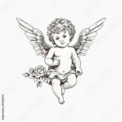 Cherub illustration with wings and rose
