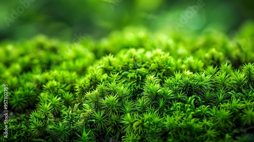 07240954 102. Detailed macro shot of green moss on the ground, showcasing the fine, velvety texture and vivid hues of the moss, creating a stunning, natural background ideal for wallpaper photo