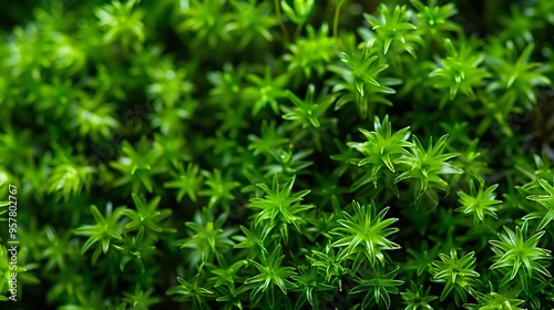 07240954 103. Closeup macro image of lush green moss, capturing the minute details and vibrant colors, forming a rich, textured background suitable for wallpaper