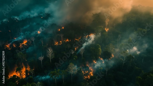 aerial view A forest fire is full of flames and smoke.