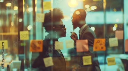 Business colleagues brainstorm using sticky notes and write on glass wall in modern office