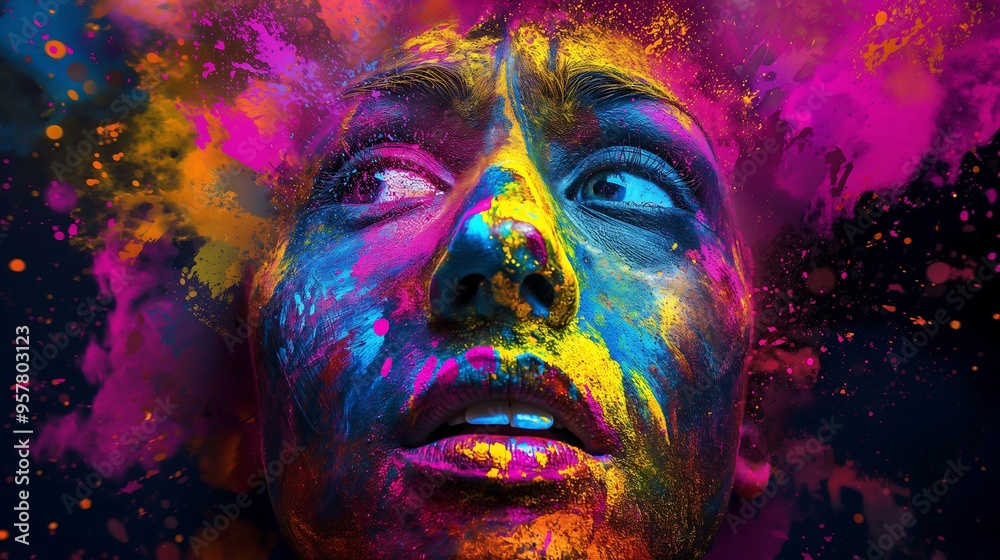 Fototapeta premium Colored powder exploded on the woman's face.