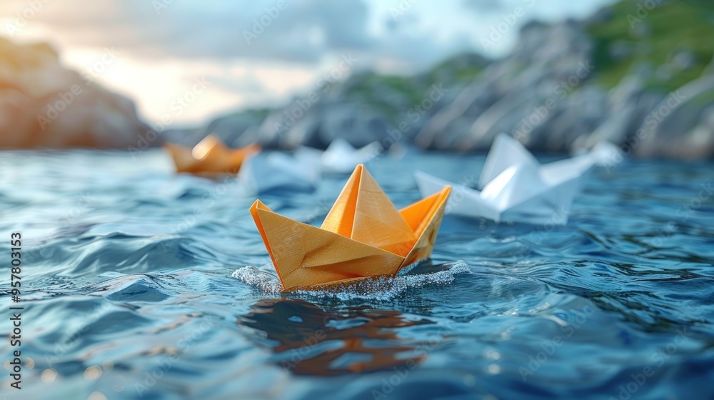 A single paper boat floats on rippling water, creating small waves and splashes around it. A single paper boat floats on rippling water, creating small waves and splashes around it.