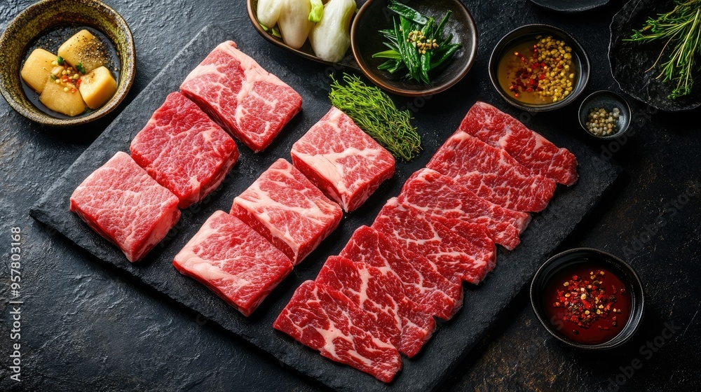 A selection of raw Wagyu A5 beef, beautifully arranged for yakiniku, with visible marbling. A gourmet setup, perfect for high-end restaurant and food visuals. A selection of raw Wagyu A5 beef, beautifully arranged for yakiniku, with visible marbling. A gourmet setup, perfect for high-end restaurant and food visuals.