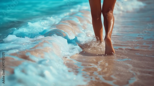 Low angle view of beautiful young woman's feet in bikini walking on white sandy beach, blue sea water.