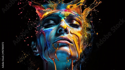 Close-up. Colorful human face. Artistic wave pattern. Multicolored emotions. Gray background.