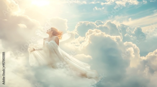 Goddess flying on white clouds