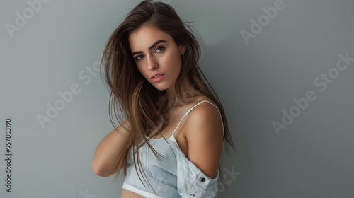 Close-up of a beautiful woman's face, grey background.