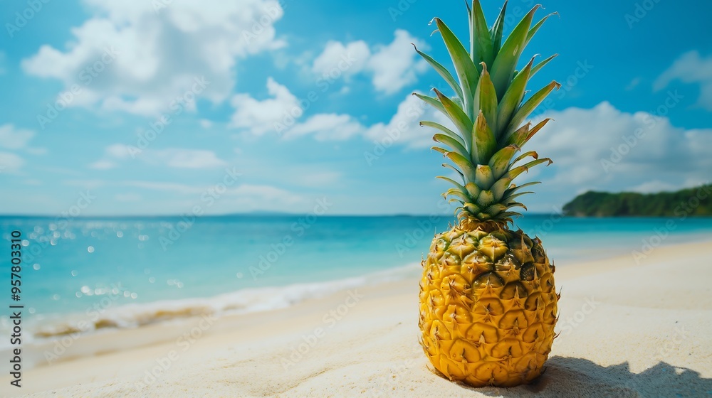 Close-up of pineapple on white sandy beach Close-up of pineapple on white sandy beach