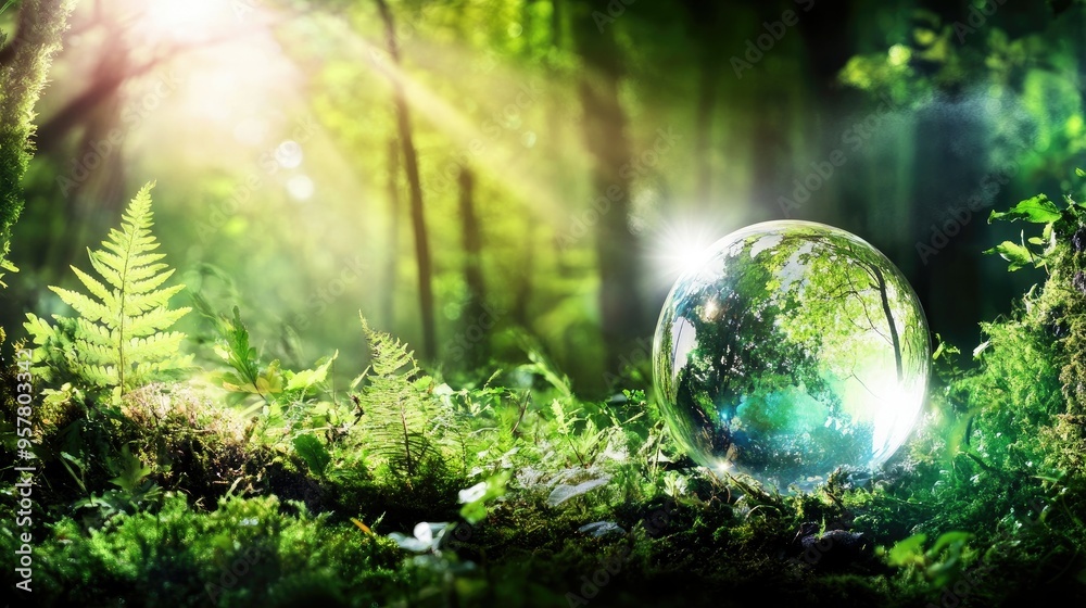 A serene green forest scene with a glass globe glowing under the sunlight, emphasizing sustainability, environmental conservation, and the protection of natural resources A serene green forest scene with a glass globe glowing under the sunlight, emphasizing sustainability, environmental conservation, and the protection of natural resources