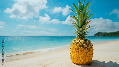 Close-up of pineapple on white sandy beach