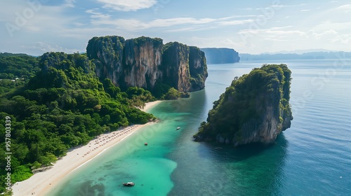 Aerial view of a vast beach and limestone cliffs.