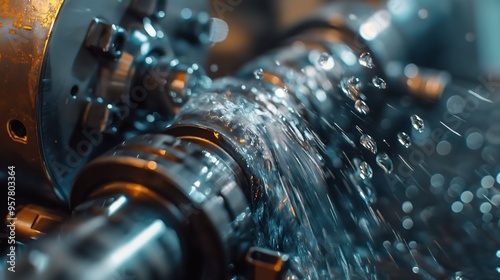 Close-up of CNC lathe equipment with coolant poured in industrial production