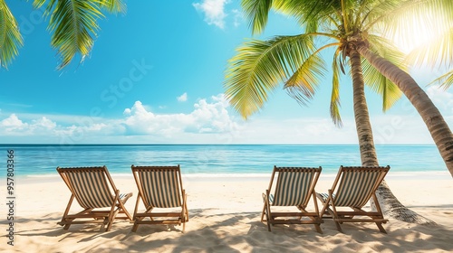 Beach chairs under coconut trees on a clean white sand beach.