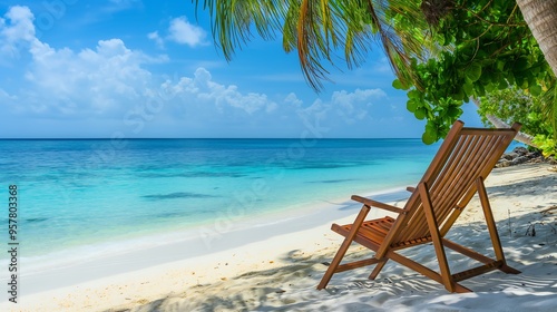 Beach chairs under coconut trees on a clean white sand beach.