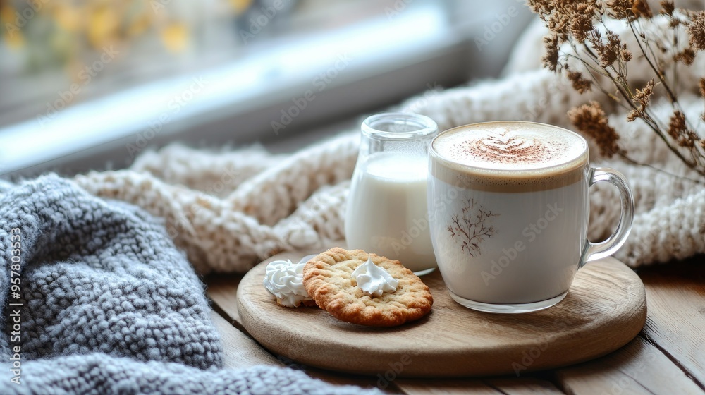 A serene morning setting with a latte with elegant art, a cookie, and fresh milk, set on a wooden table, with a cozy throw blanket in the background A serene morning setting with a latte with elegant art, a cookie, and fresh milk, set on a wooden table, with a cozy throw blanket in the background