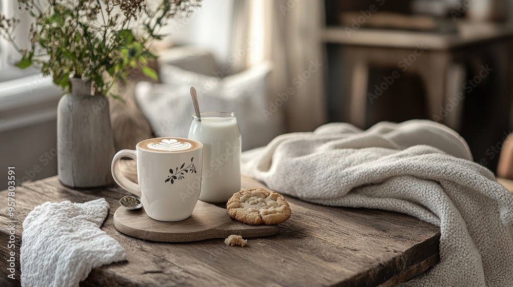 A serene morning setting with a latte with elegant art, a cookie, and fresh milk, set on a wooden table, with a cozy throw blanket in the background A serene morning setting with a latte with elegant art, a cookie, and fresh milk, set on a wooden table, with a cozy throw blanket in the background