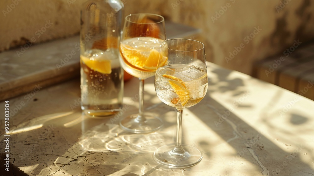Obraz premium 07240954 22. Elegant setup with glasses of orange-infused water and a bottle on a beige table, illuminated by soft sunlight casting artistic shadows, representing a healthy lifestyle and cocktail bar