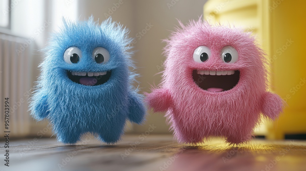 3D cartoon character jumps side to side while a hairy pink blue toy dances funnily. 3D cartoon character jumps side to side while a hairy pink blue toy dances funnily.