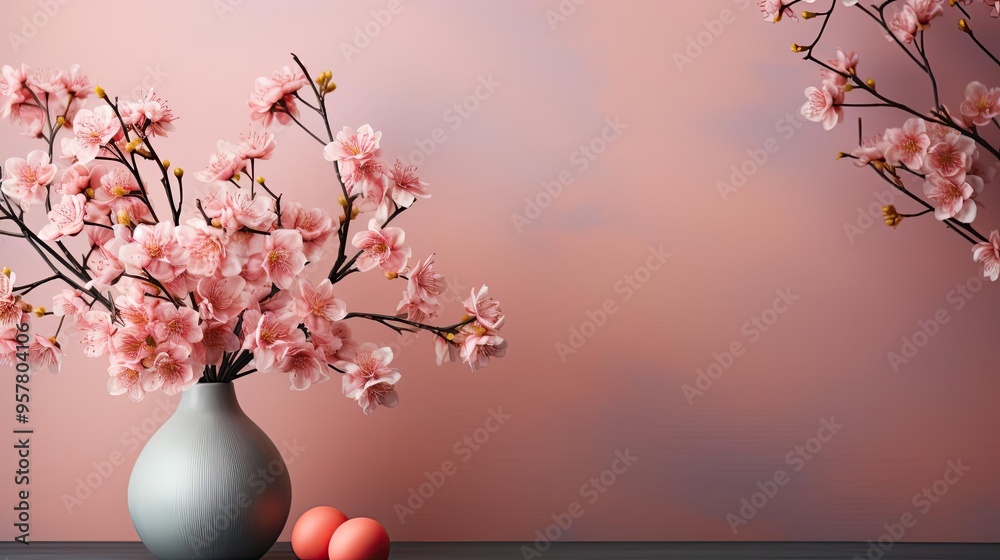 Vase with blooming flowers and eggs on table, pink background. Vase with blooming flowers and eggs on table, pink background.