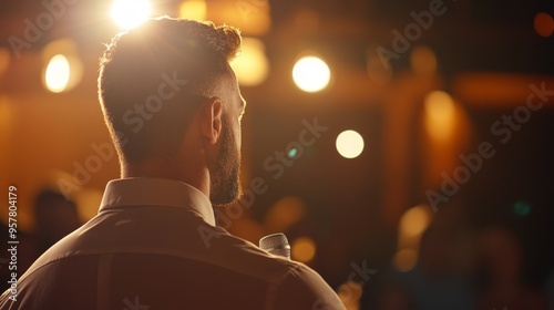 Male Motivational Speaker with Microphone Leading Business Leadership Conference