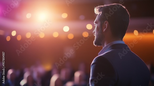 Male Speaker Delivering Powerful Talk about Leadership