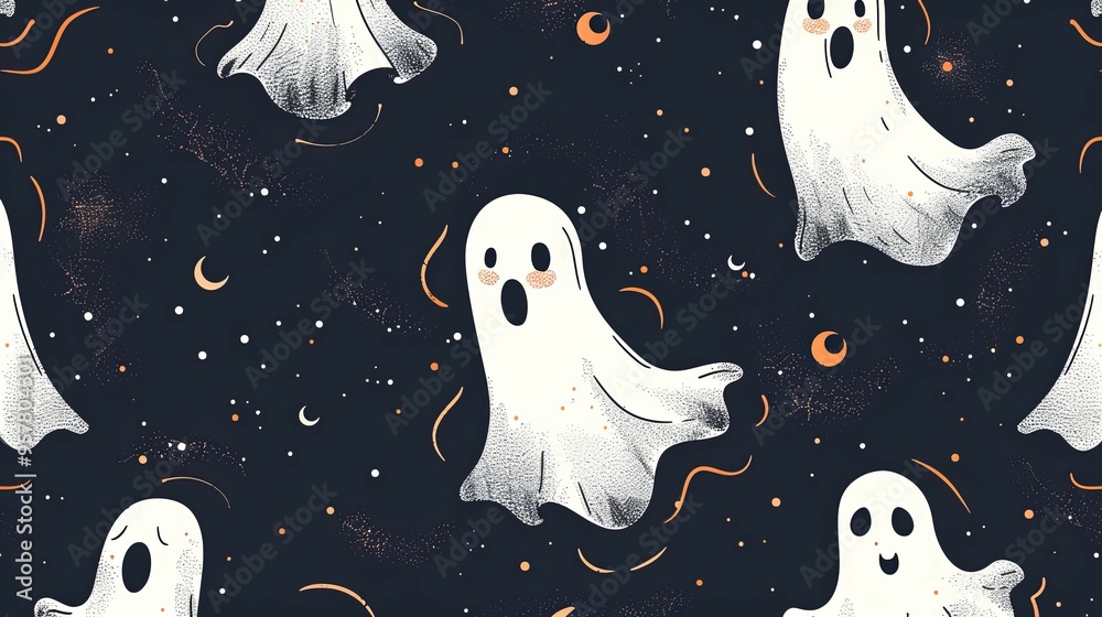 Seamless Pattern with White Ghosts and Orange Crescent Moons on a Dark Blue Background Seamless Pattern with White Ghosts and Orange Crescent Moons on a Dark Blue Background