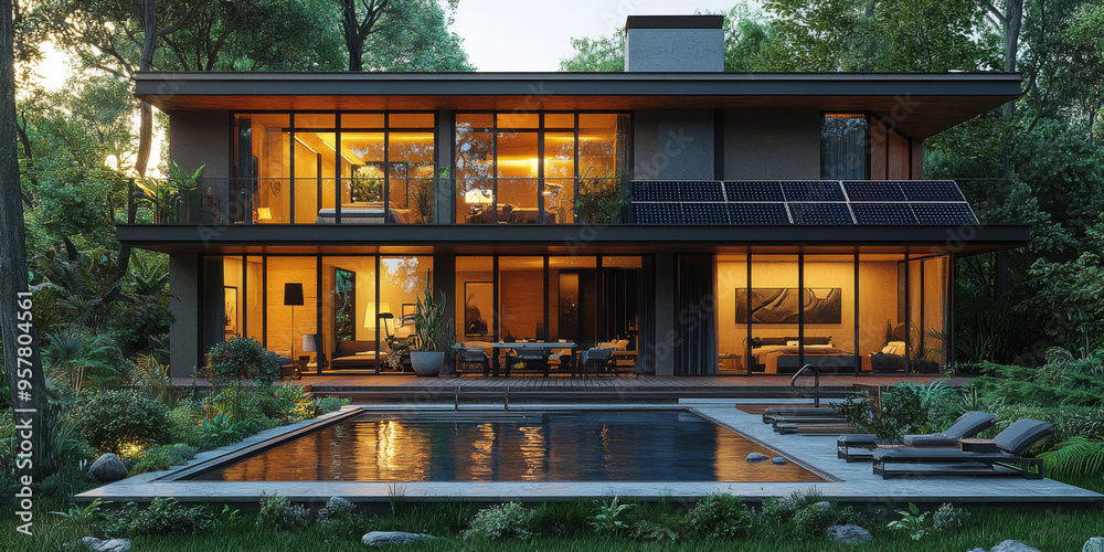 A modern house with a swimming pool and a lush green lawn. A modern house with a swimming pool and a lush green lawn.