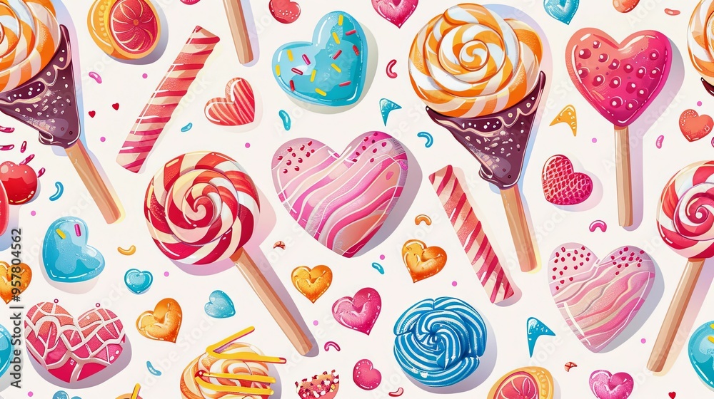 A Colorful and Sweet Pattern of Heart-Shaped Candies and Lollipops A Colorful and Sweet Pattern of Heart-Shaped Candies and Lollipops