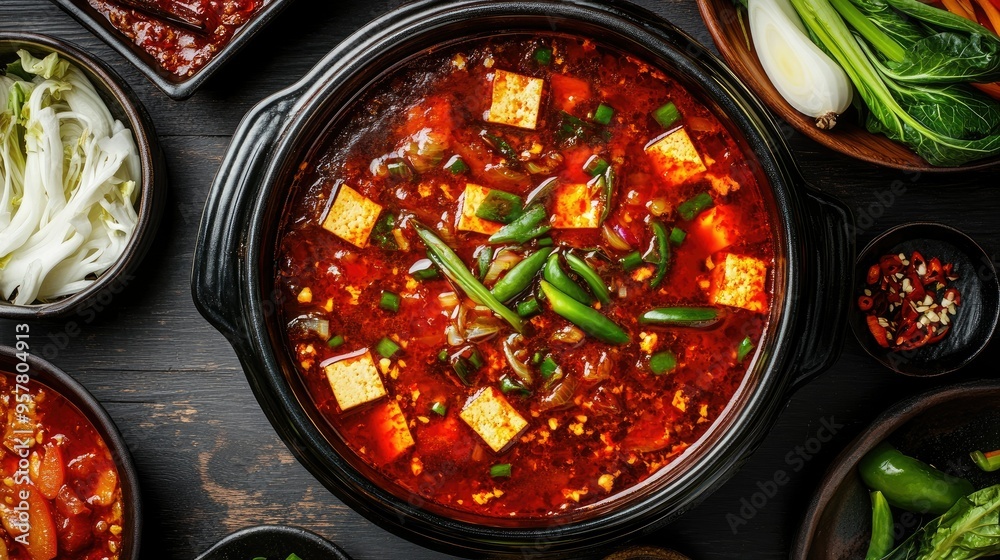 A spicy hot pot with a rich, deep red broth bubbling with heat, surrounded by an array of colorful ingredients like bell peppers, bok choy, and tofu slices A spicy hot pot with a rich, deep red broth bubbling with heat, surrounded by an array of colorful ingredients like bell peppers, bok choy, and tofu slices