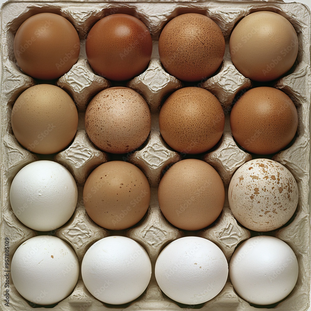 07240954 44. An artistic display of a dozen eggs in a carton, combining both brown and white eggs 07240954 44. An artistic display of a dozen eggs in a carton, combining both brown and white eggs