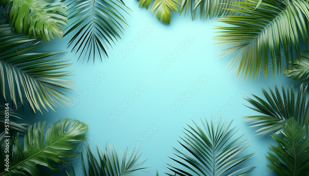 Circular arrangement palm leaves copy space isolated soft blue background Circular arrangement palm leaves copy space isolated soft blue background