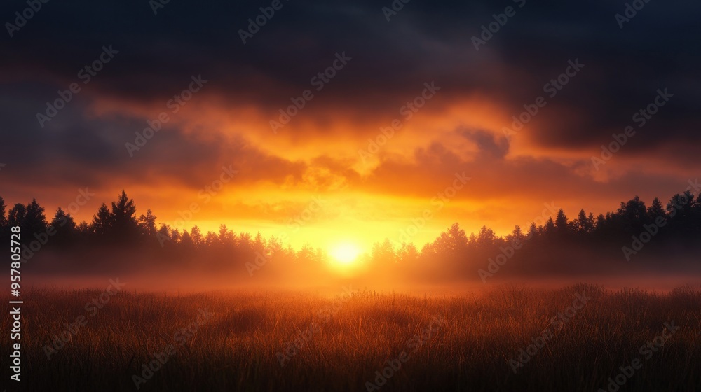 A stunning sunset over a misty landscape, with vibrant colors reflected in the sky and silhouettes of trees in the foreground. A stunning sunset over a misty landscape, with vibrant colors reflected in the sky and silhouettes of trees in the foreground.