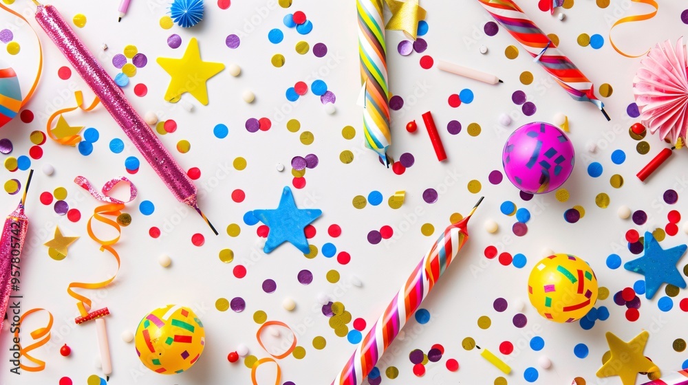 07240954 56. A lively array of colorful confetti symbols and playful graphic elements scattered against a white background, featuring vibrant stars, circles, and streamers for a festive birthday or 07240954 56. A lively array of colorful confetti symbols and playful graphic elements scattered against a white background, featuring vibrant stars, circles, and streamers for a festive birthday or
