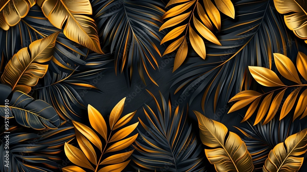Golden and Black Tropical Leaf Pattern Golden and Black Tropical Leaf Pattern