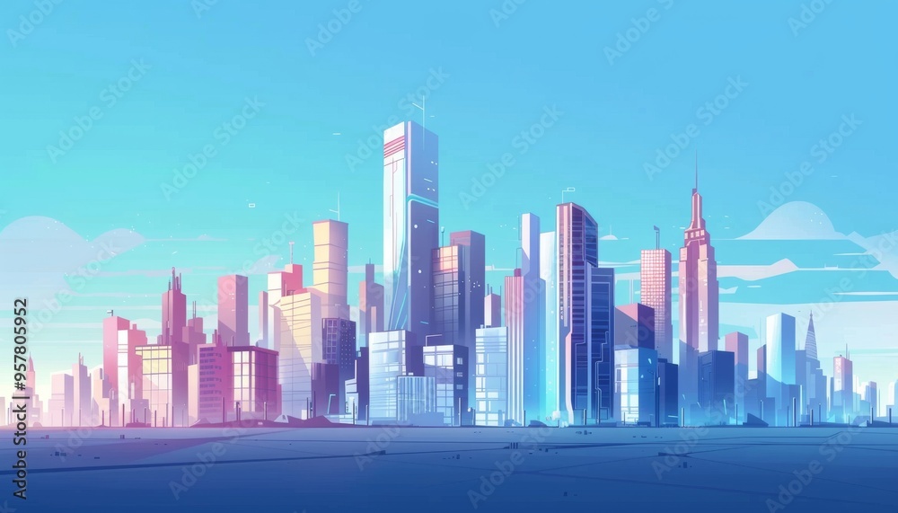 Obraz premium Soaring skyscrapers in a vibrant city. Futuristic metropolis. Cyberpunk city. Neon nightscape. Cartoon 2d illustration background
