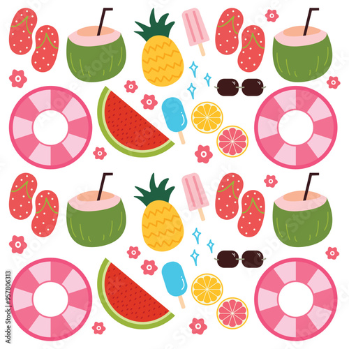 Seamless Pattern Summer with Fruits and Sandal Vector Illustration
