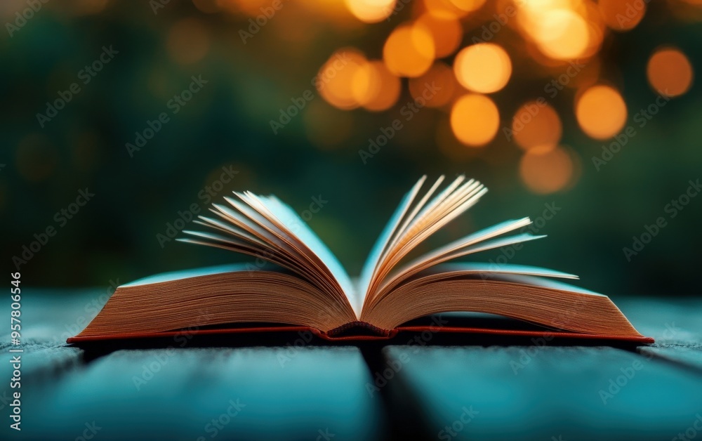 An open book on a wooden table with a warm bokeh background, evoking a sense of tranquility and inspiration for reading enthusiasts. An open book on a wooden table with a warm bokeh background, evoking a sense of tranquility and inspiration for reading enthusiasts.