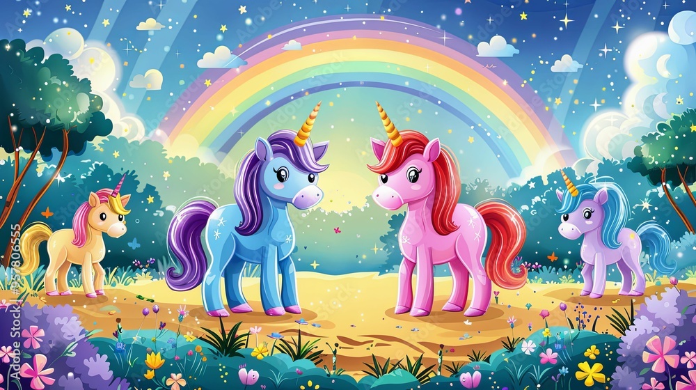 Four Unicorns in a Fantasy Forest with a Rainbow Four Unicorns in a Fantasy Forest with a Rainbow