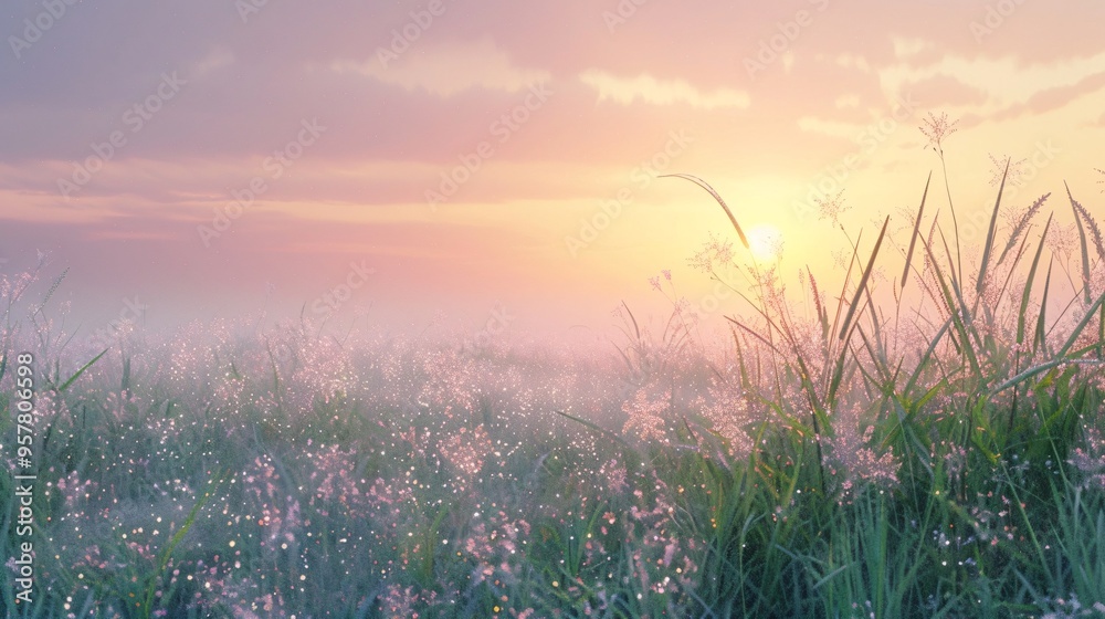 Obraz premium 07240954 79. Serene grassland at sunrise with dew-covered grass shimmering in the early light, a sky painted with soft pink and orange hues, and a few scattered wildflowers adding pops of color