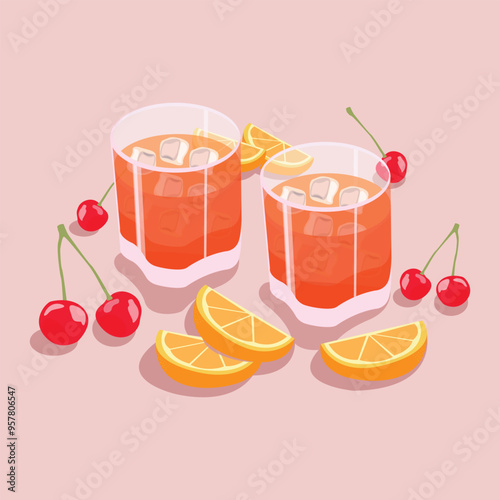 Vector Illustration of Ice Tea with Orange and Cherry