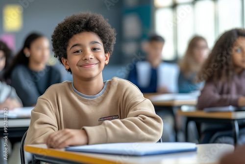 A happy young boy is sitting at a desk in school