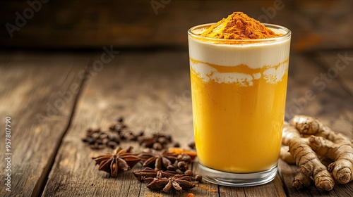 A traditional glass of turmeric lassi with creamy layers, set on a wooden background, surrounded by fresh spices and turmeric roots, with ample copy space for text photo