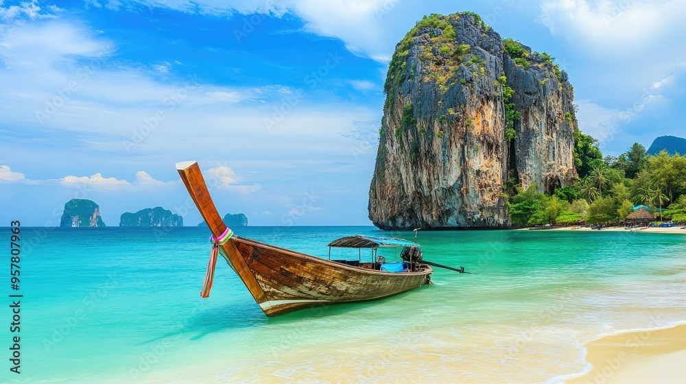 Obraz premium A traditional long-tail boat floating near the limestone rocks on a secluded beach in Krabi, with soft white sand and vibrant blue-green water
