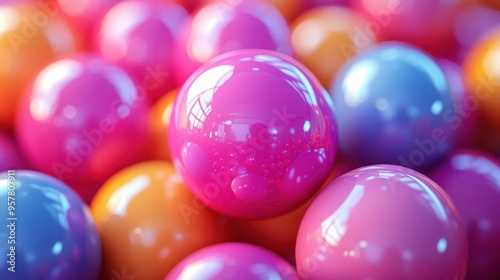 3D render of assorted red, violet, and yellow balls and multicolored toys.