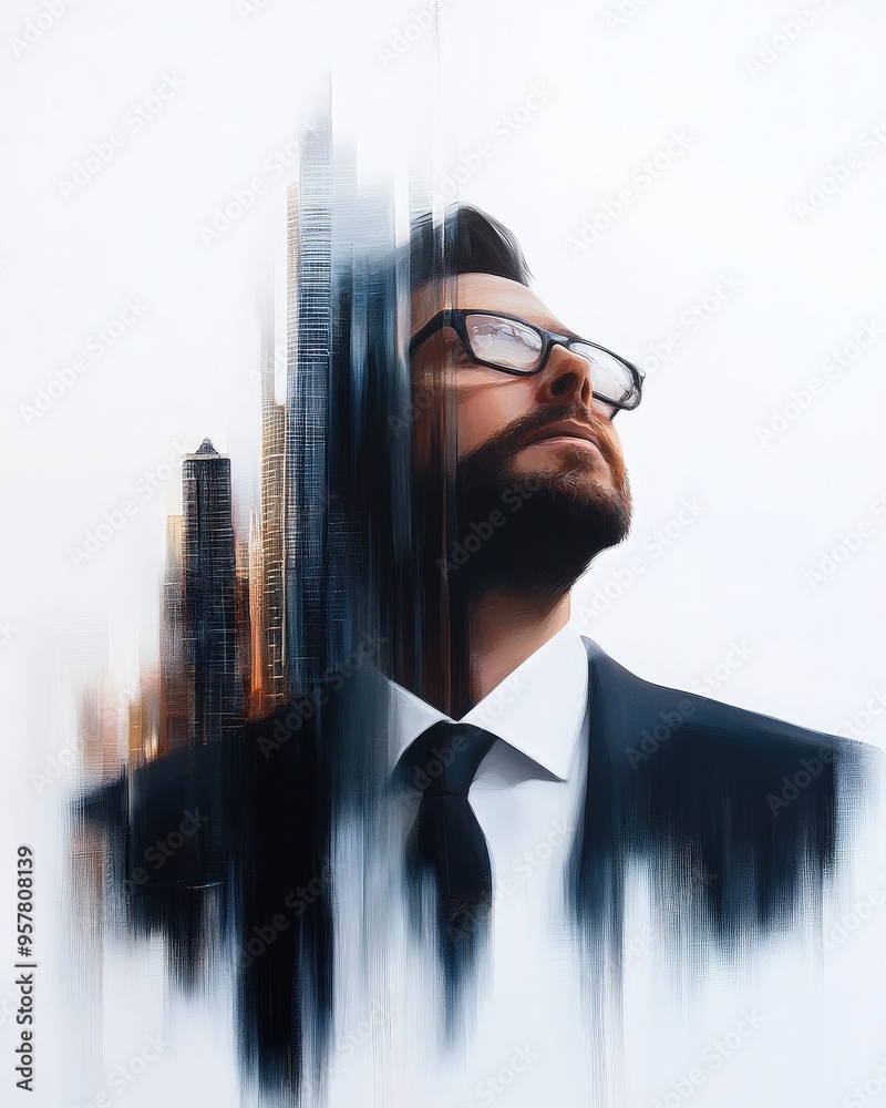 A confident businessman gazes upward against a backdrop of abstract urban architecture, embodying ambition and vision. A confident businessman gazes upward against a backdrop of abstract urban architecture, embodying ambition and vision.