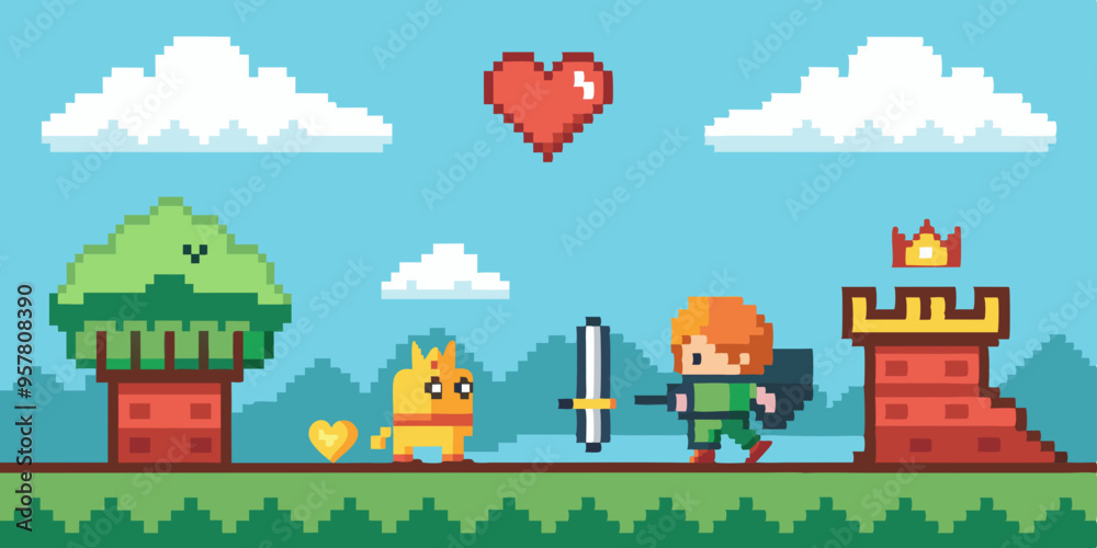 Pixel Art Game Scene: Knight vs. Dragon with Princess and Health Bar Pixel Art Game Scene: Knight vs. Dragon with Princess and Health Bar