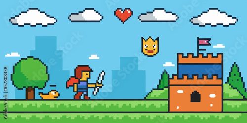 Pixel Art Game Scene: Knight vs. Dragon with Princess and Health Bar