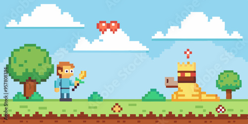 Pixel Art Game Scene: Knight vs. Dragon with Princess and Health Bar